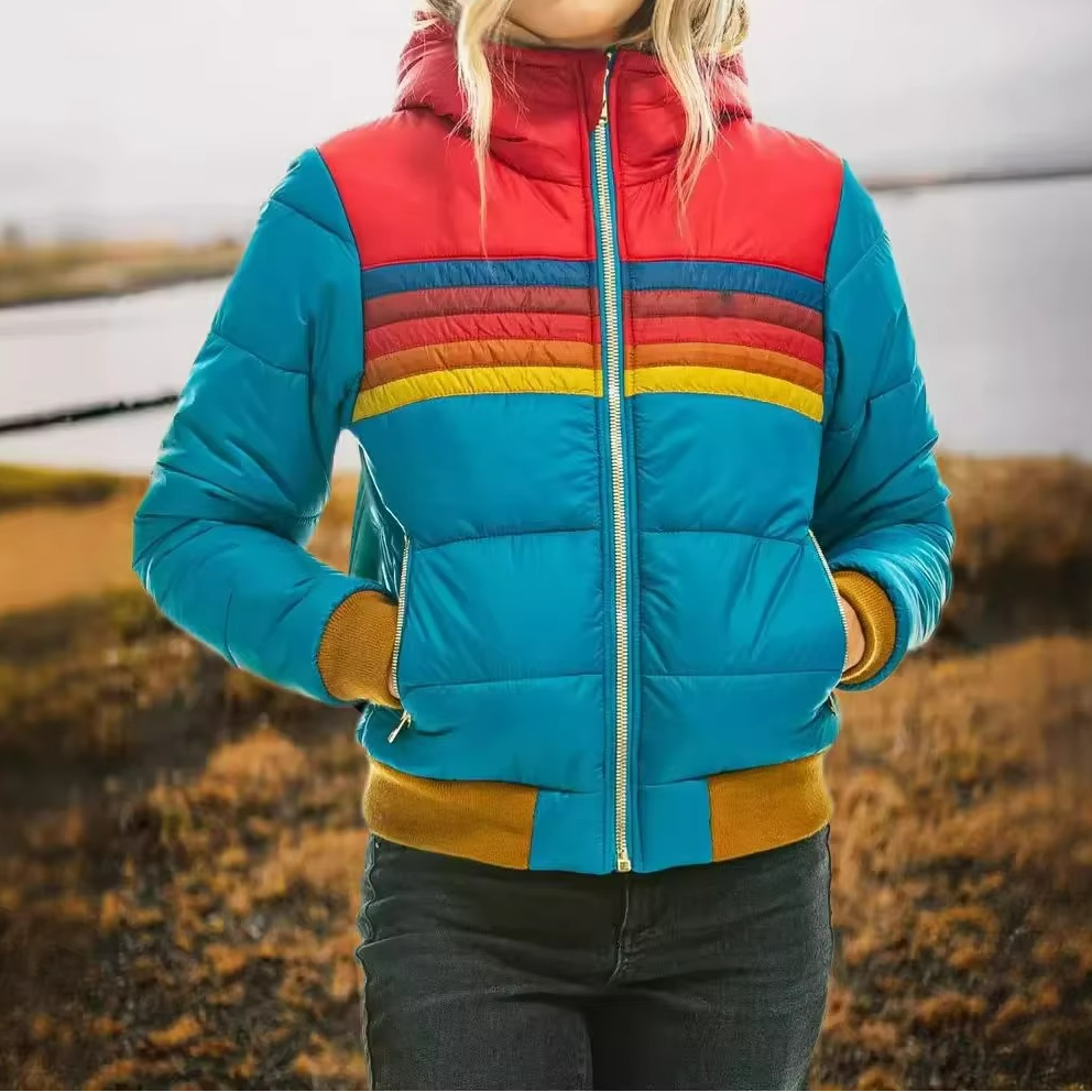 Women's Hooded Puffer Jacket - Full-Zip Stripe Panel