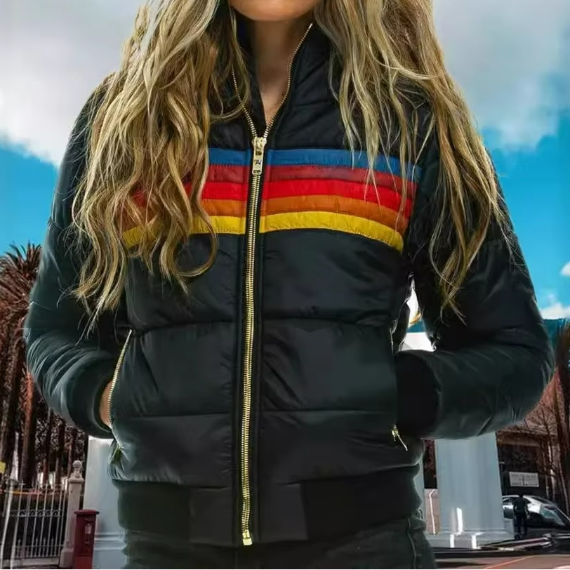 Women's Hooded Puffer Jacket - Full-Zip Stripe Panel