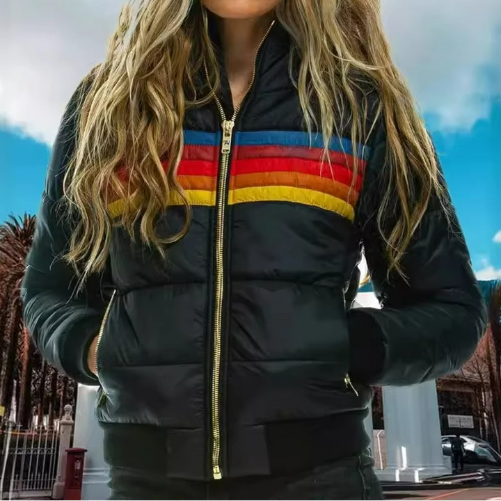Women's Hooded Puffer Jacket - Full-Zip Stripe Panel