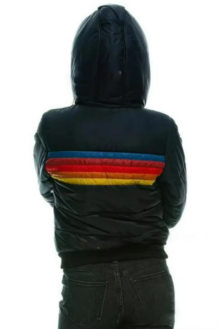Women's Hooded Puffer Jacket - Full-Zip Stripe Panel