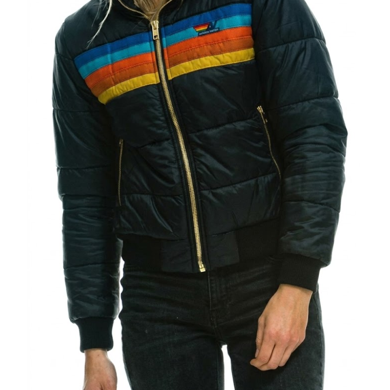 Women's Hooded Puffer Jacket - Full-Zip Stripe Panel