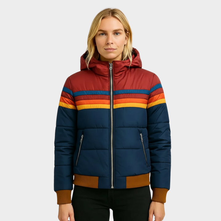 Women's Hooded Puffer Jacket - Retro Stripe Cropped Bomber