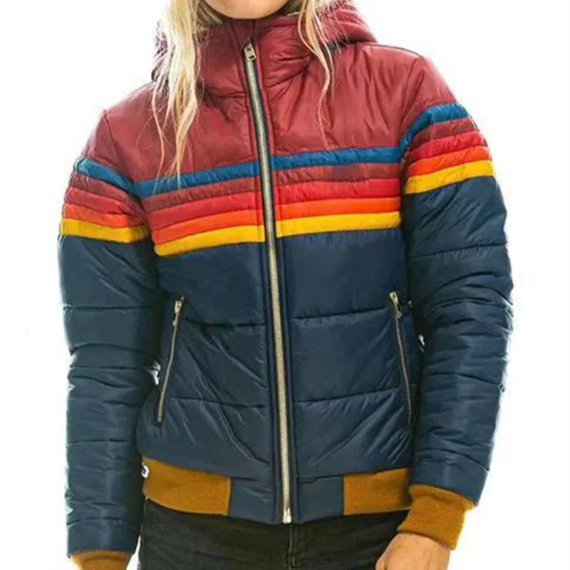 Women's Hooded Puffer Jacket - Retro Stripe Cropped Bomber