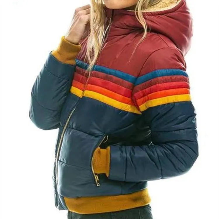 Women's Hooded Puffer Jacket - Retro Stripe Cropped Bomber
