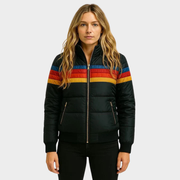 Women's Hooded Puffer Jacket - Retro Stripe Cropped Bomber