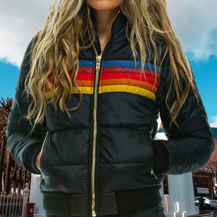 Women's Hooded Puffer Jacket - Retro Stripe Cropped Bomber