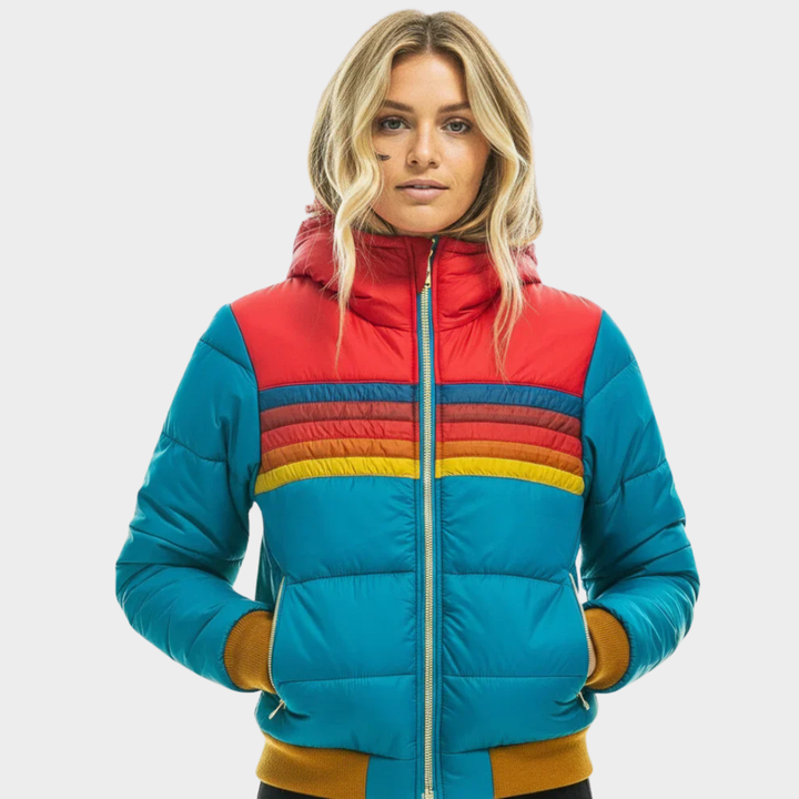 Women's Hooded Puffer Jacket - Retro Stripe Cropped Bomber