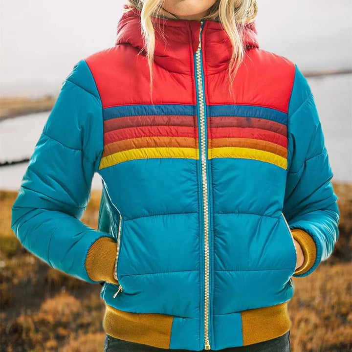 Women's Hooded Puffer Jacket - Retro Stripe Cropped Bomber