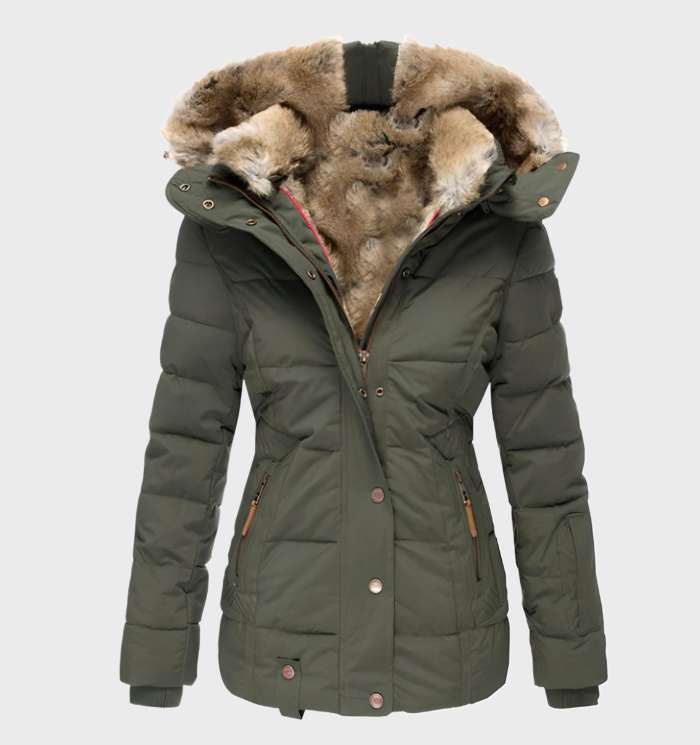 Women's Hooded Puffer Parka - Faux Fur Trim Zip Up Quilted Coat