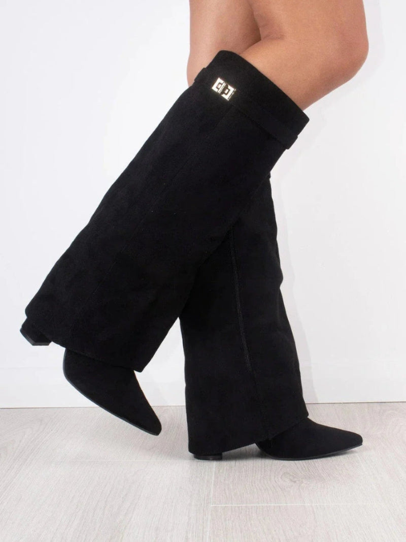 Women's Knee-High Boots with a Fold-Over Design – Pointed Toe and Stiletto Heel