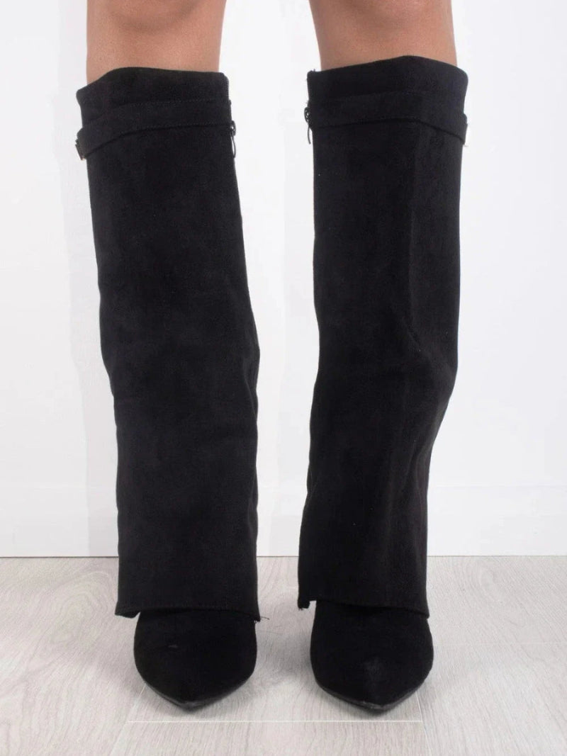 Women's Knee-High Boots with a Fold-Over Design – Pointed Toe and Stiletto Heel
