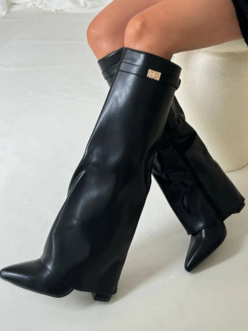 Women's Knee-High Boots with a Fold-Over Design – Pointed Toe and Stiletto Heel
