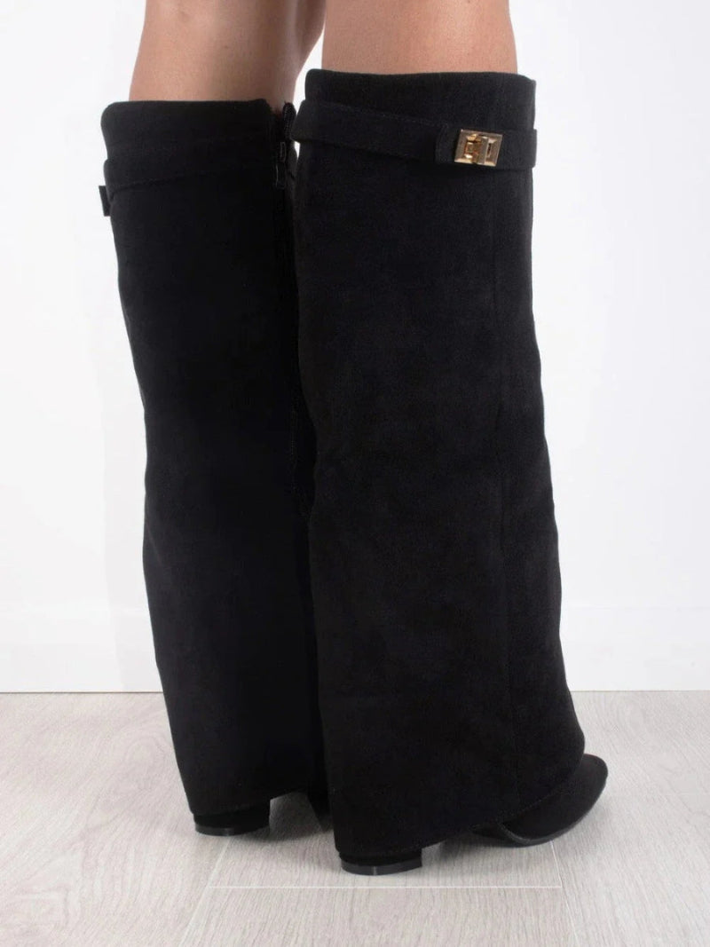 Women's Knee-High Boots with a Fold-Over Design – Pointed Toe and Stiletto Heel