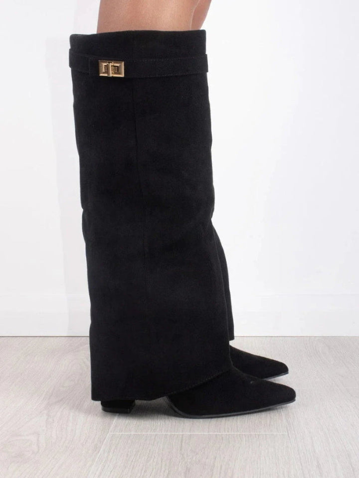 Women's Knee-High Boots with a Fold-Over Design – Pointed Toe and Stiletto Heel