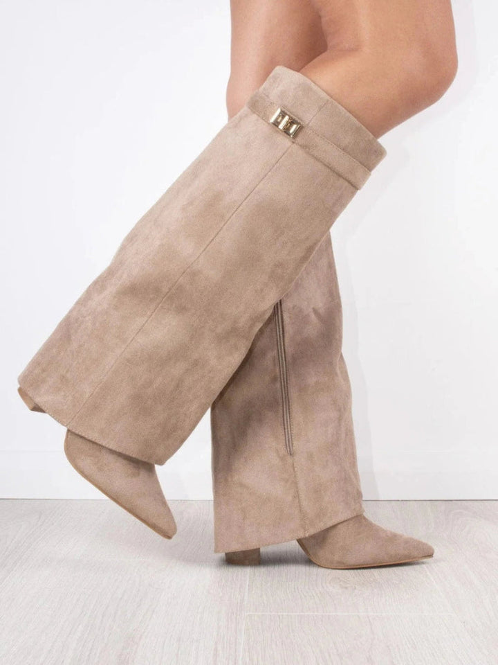 Women's Knee-High Boots with a Fold-Over Design – Pointed Toe and Stiletto Heel