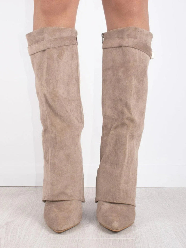 Women's Knee-High Boots with a Fold-Over Design – Pointed Toe and Stiletto Heel