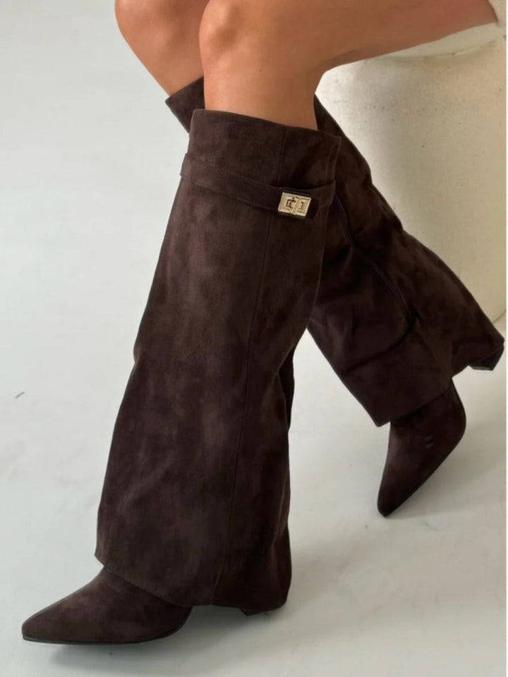 Women's Knee-High Boots with a Fold-Over Design – Pointed Toe and Stiletto Heel