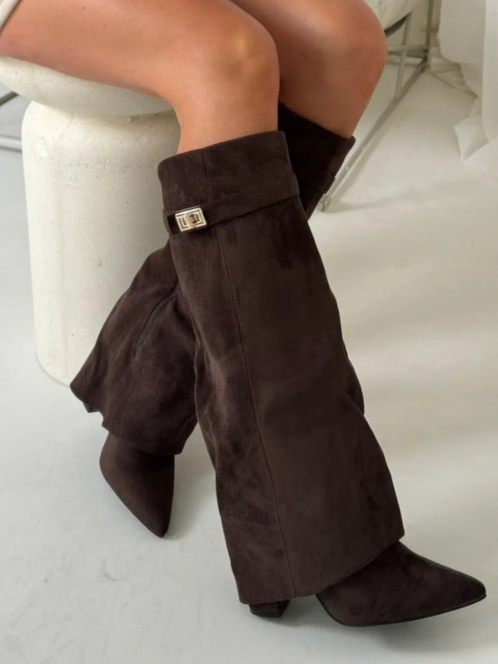 Women's Knee-High Boots with a Fold-Over Design – Pointed Toe and Stiletto Heel