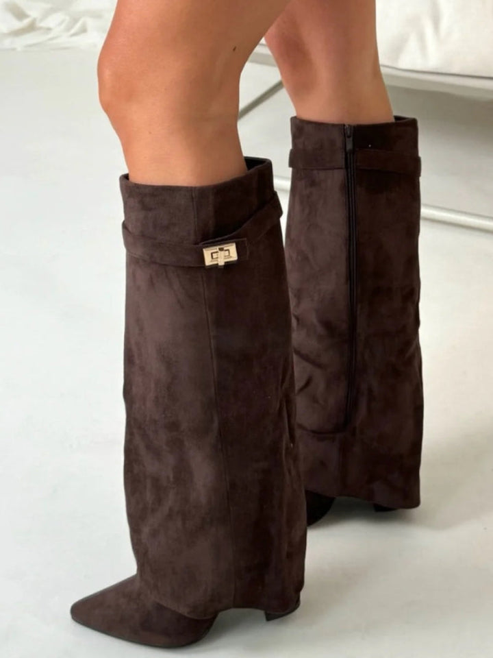 Women's Knee-High Boots with a Fold-Over Design – Pointed Toe and Stiletto Heel