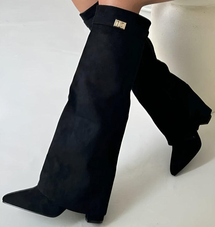 Women's Knee-High Suede Boots – Fold-Over Collar and Pointed Toe