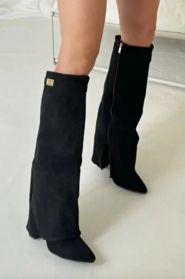 Women's Knee-High Suede Boots – Fold-Over Collar and Pointed Toe