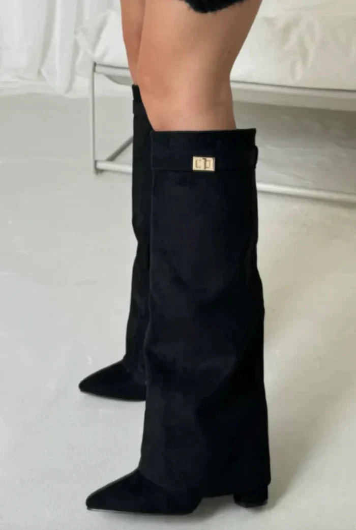 Women's Knee-High Suede Boots – Fold-Over Collar and Pointed Toe