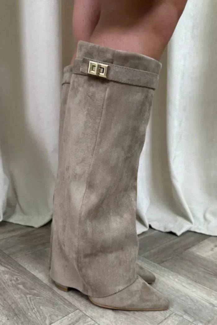 Women's Knee-High Suede Boots – Fold-Over Collar and Pointed Toe