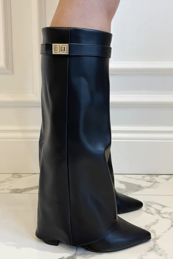 Women's Knee-High Suede Boots – Fold-Over Collar and Pointed Toe