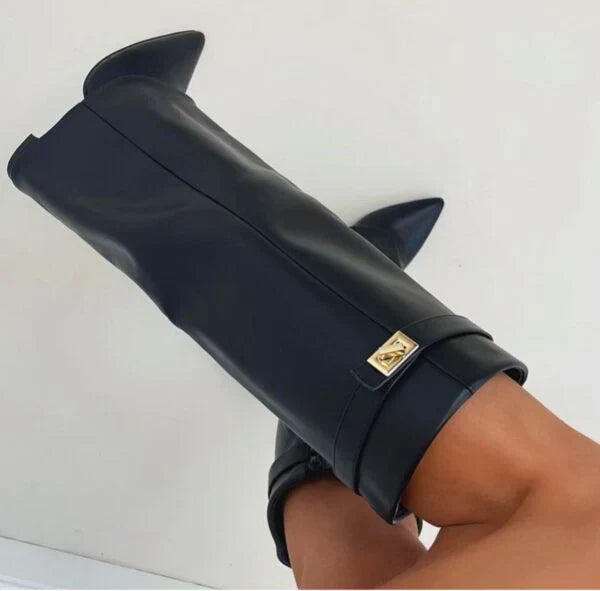 Women's Knee-High Suede Boots – Fold-Over Collar and Pointed Toe