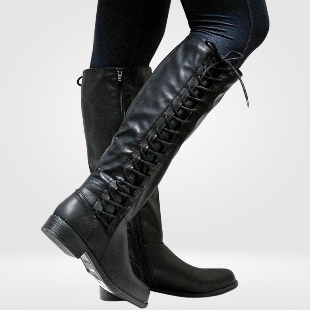 Women's Knee High Lace Up Combat Boots - Flat Sole Side Zip Tall Boot