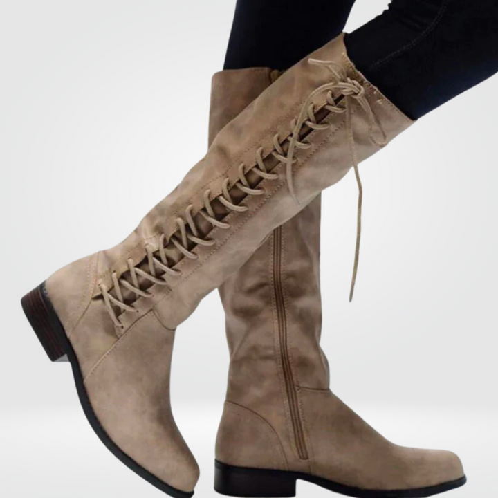 Women's Knee High Lace Up Combat Boots - Flat Sole Side Zip Tall Boot