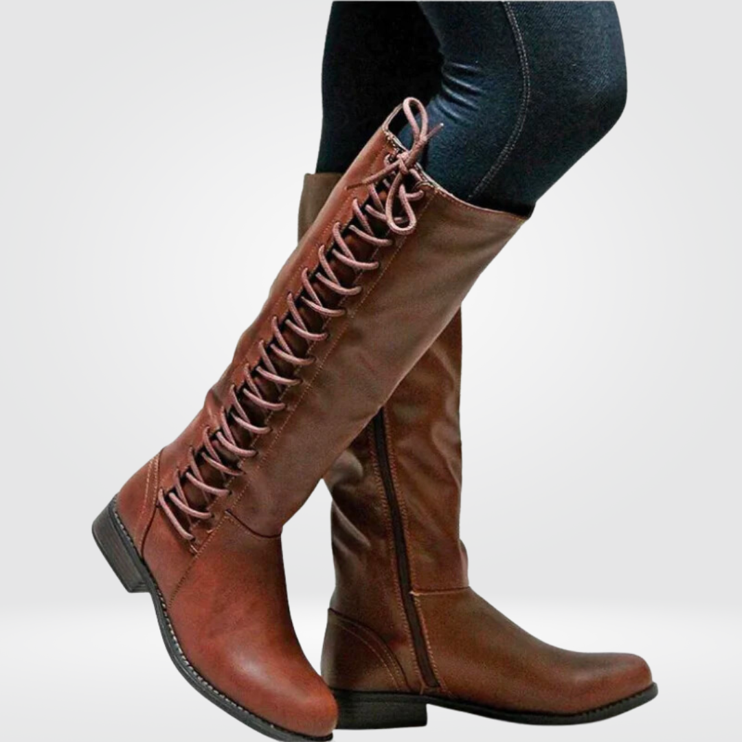 Women's Knee High Lace Up Combat Boots - Flat Sole Side Zip Tall Boot
