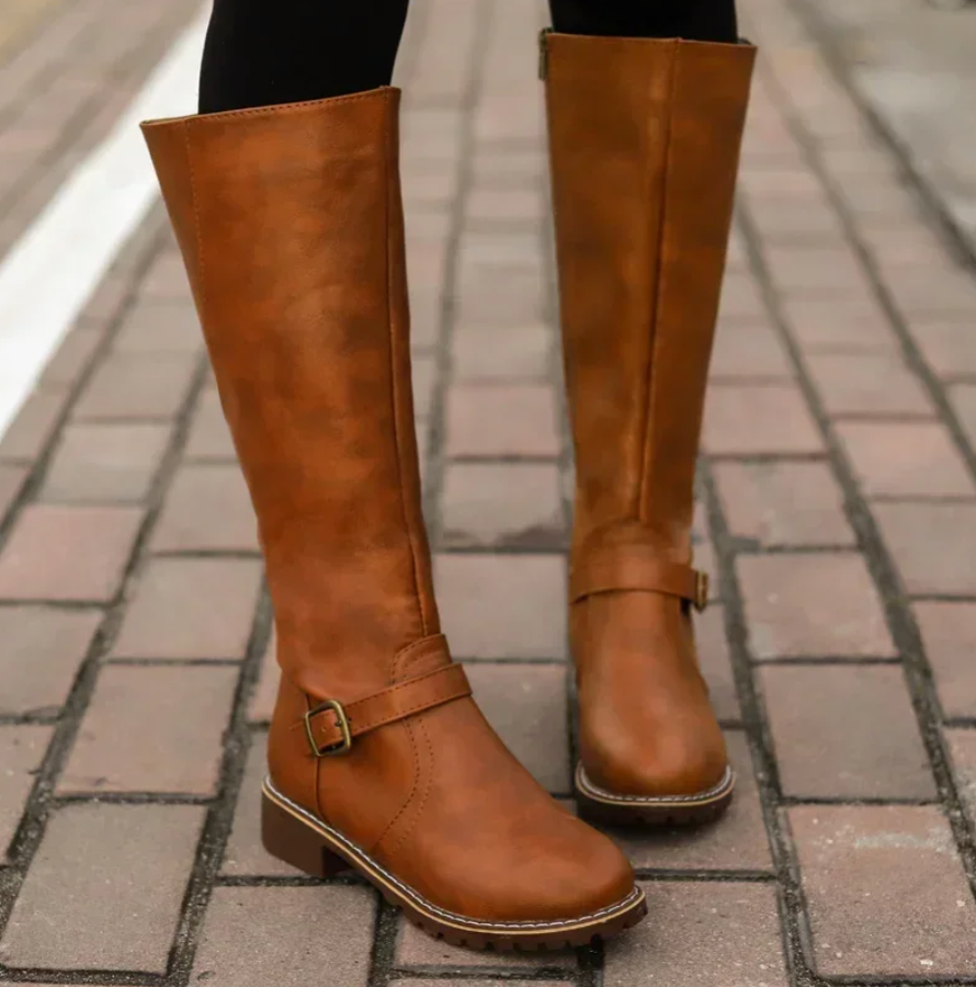 Women's Knee High Riding Boots - Block Heel Buckle Strap Zip Up Boot