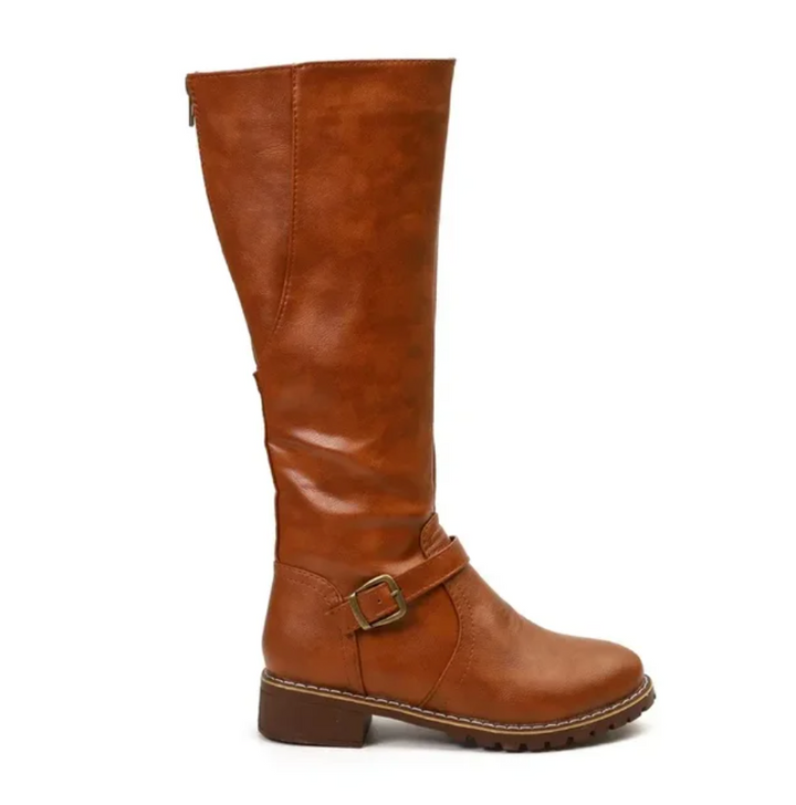 Women's Knee High Riding Boots - Block Heel Buckle Strap Zip Up Boot