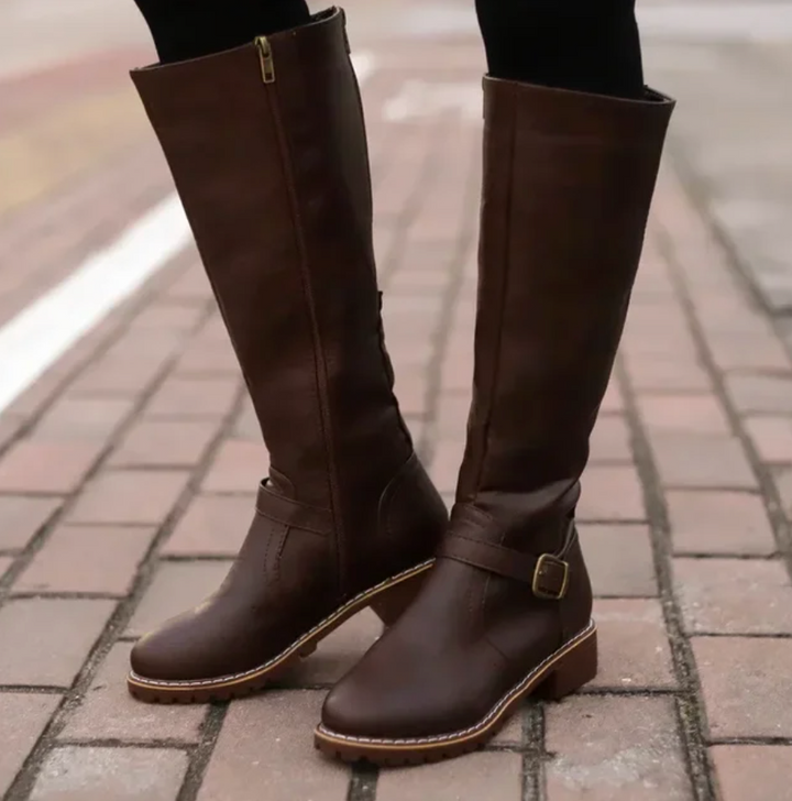 Women's Knee High Riding Boots - Block Heel Buckle Strap Zip Up Boot