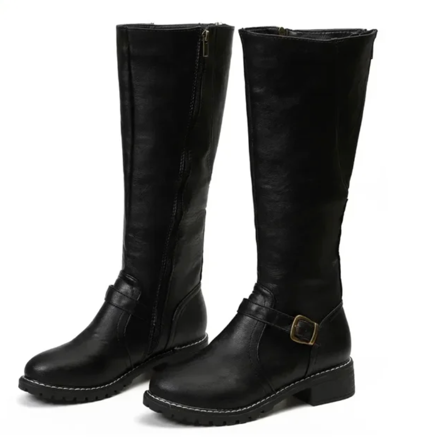 Women's Knee High Riding Boots - Block Heel Buckle Strap Zip Up Boot