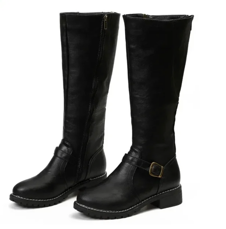 Women's Knee High Riding Boots - Block Heel Buckle Strap Zip Up Boot