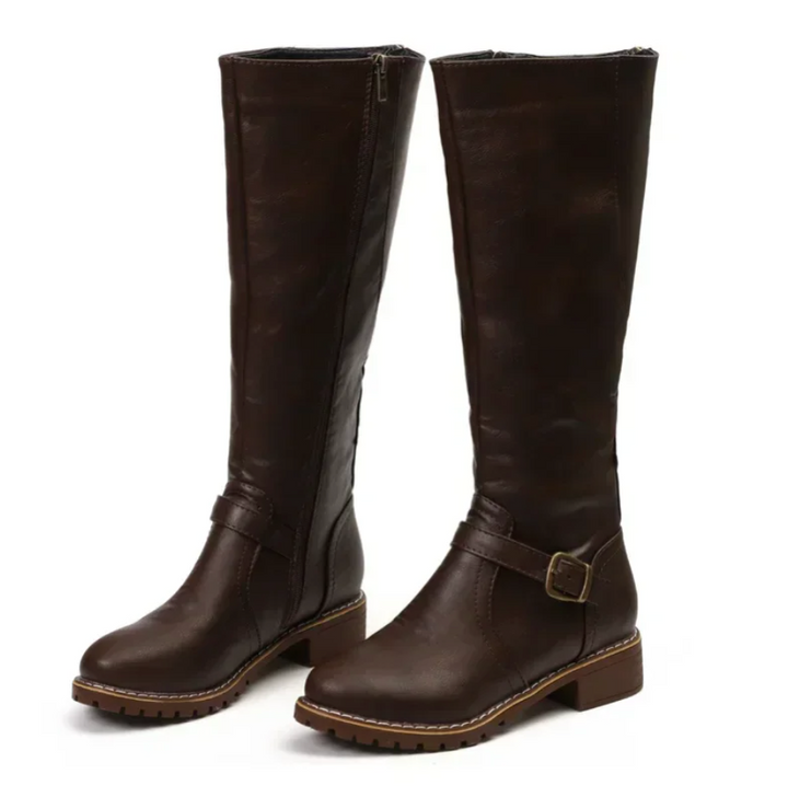 Women's Knee High Riding Boots - Block Heel Buckle Strap Zip Up Boot