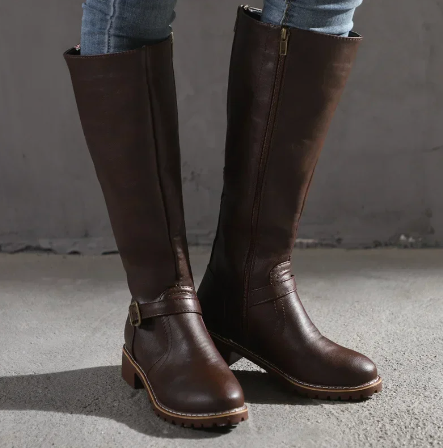 Women's Knee High Riding Boots - Block Heel Buckle Strap Zip Up Boot