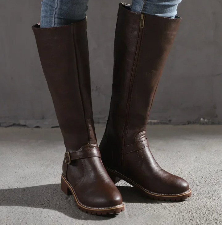 Women's Knee High Riding Boots - Block Heel Buckle Strap Zip Up Boot