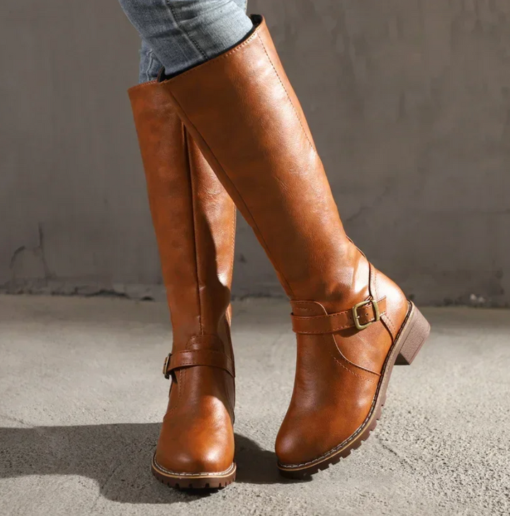 Women's Knee High Riding Boots - Block Heel Buckle Strap Zip Up Boot