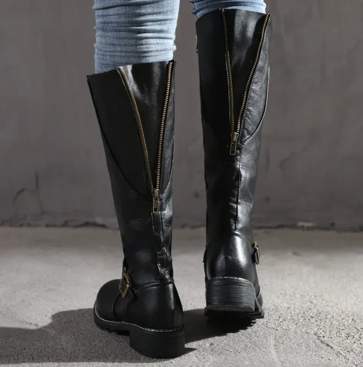 Women's Knee High Riding Boots - Block Heel Buckle Strap Zip Up Boot