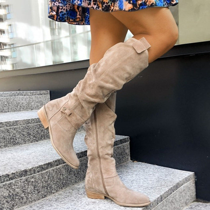 Women's Knee High Slouch Boots - Low Block Heel Pull-On