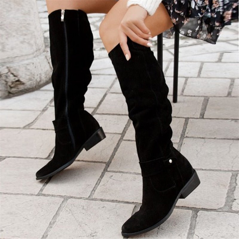 Women's Knee High Slouch Boots - Low Block Heel Pull-On