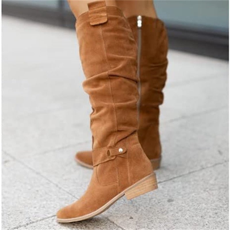 Women's Knee High Slouch Boots - Low Block Heel Pull-On