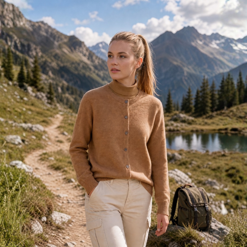 Women's Knit Button Front Cardigan - Crew Neck Fitted Long Sleeve Sweater