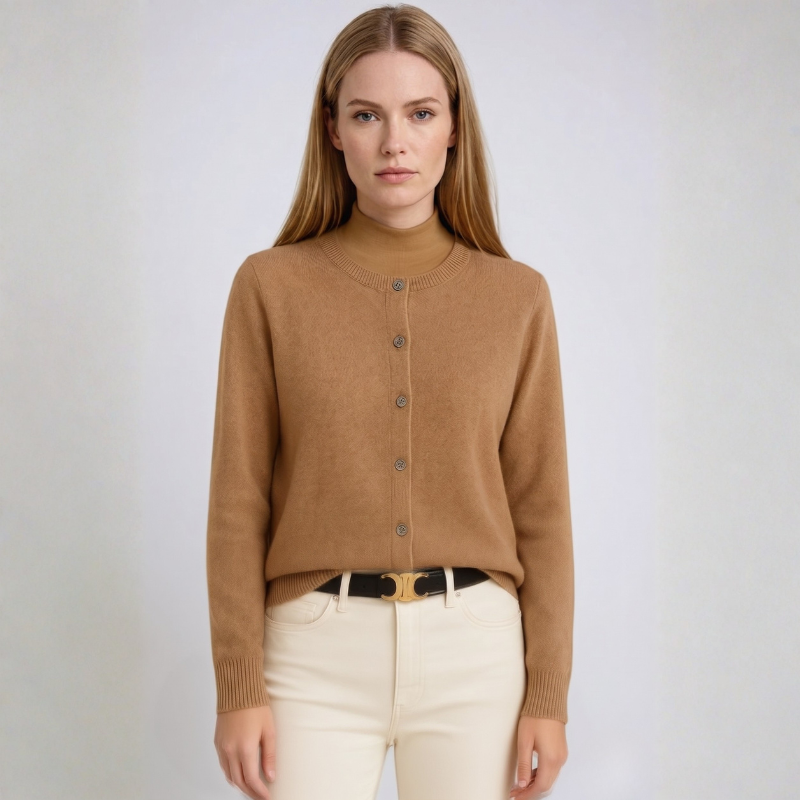Women's Knit Button Front Cardigan - Crew Neck Fitted Long Sleeve Sweater