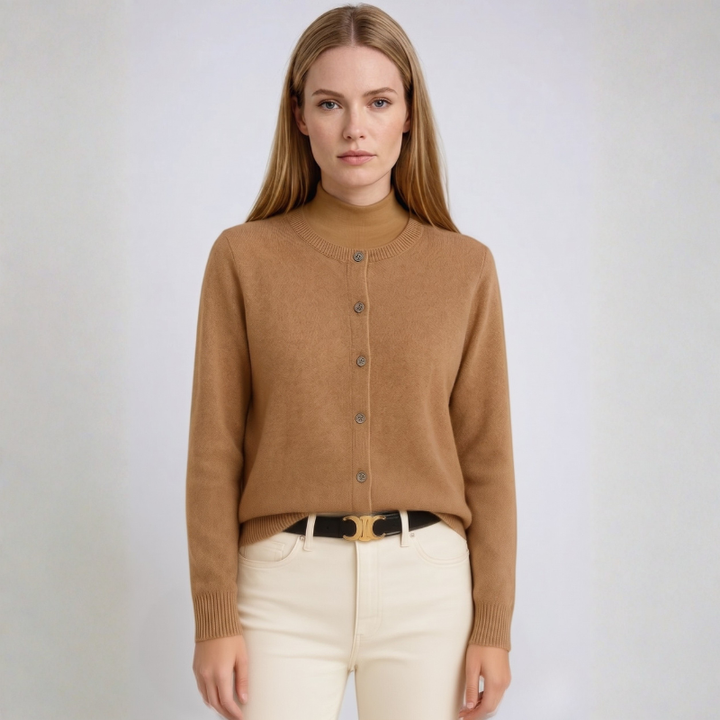 Women's Knit Button Front Cardigan - Crew Neck Fitted Long Sleeve Sweater