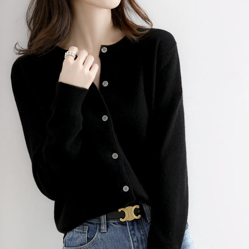 Women's Knit Button Front Cardigan - Crew Neck Fitted Long Sleeve Sweater