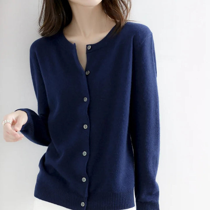 Women's Knit Button Front Cardigan - Crew Neck Fitted Long Sleeve Sweater
